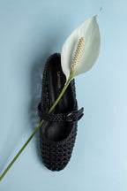 Black Leather Macrame Mary-Jane Ballet Flat