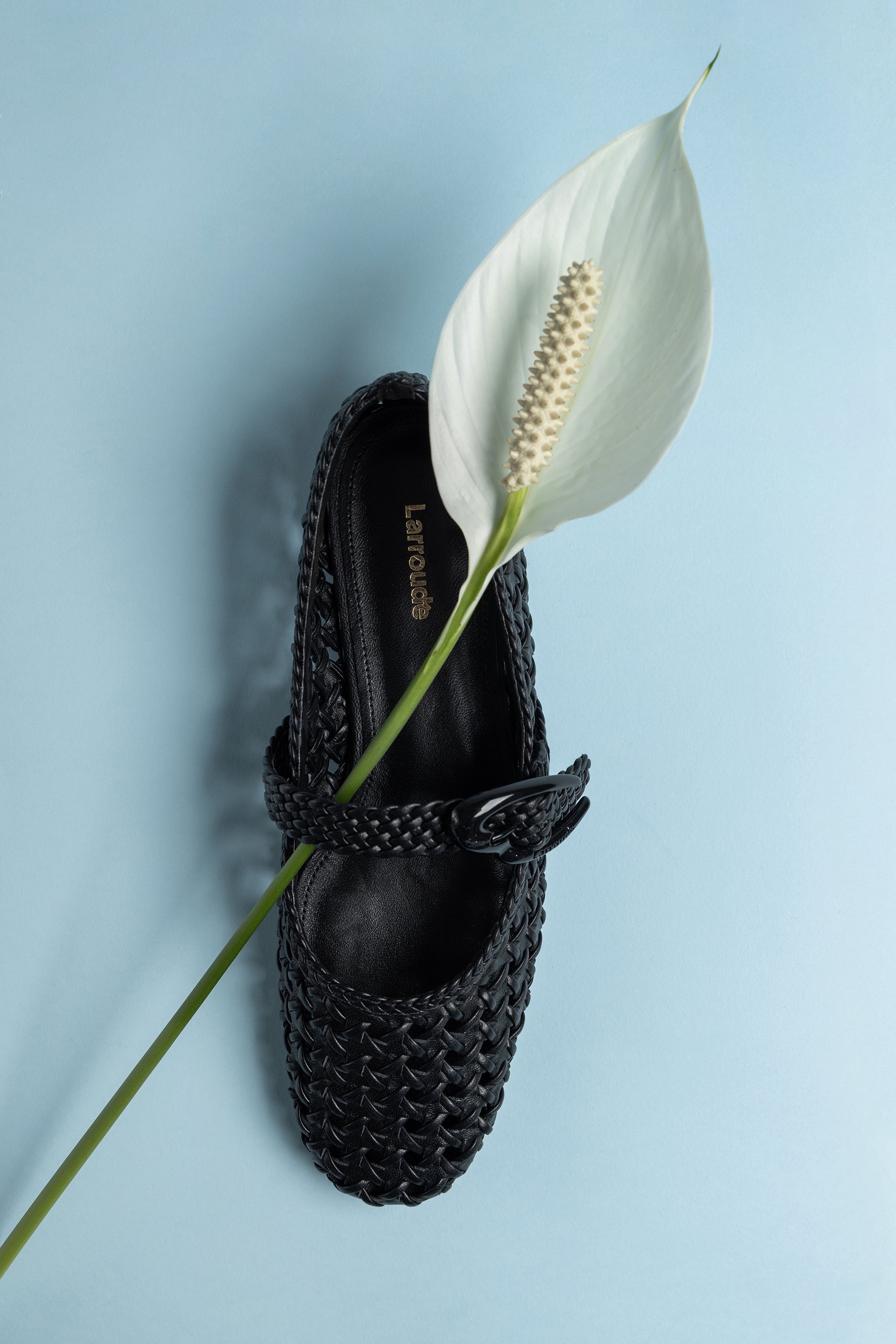 Black Leather Macrame Mary-Jane Ballet Flat
