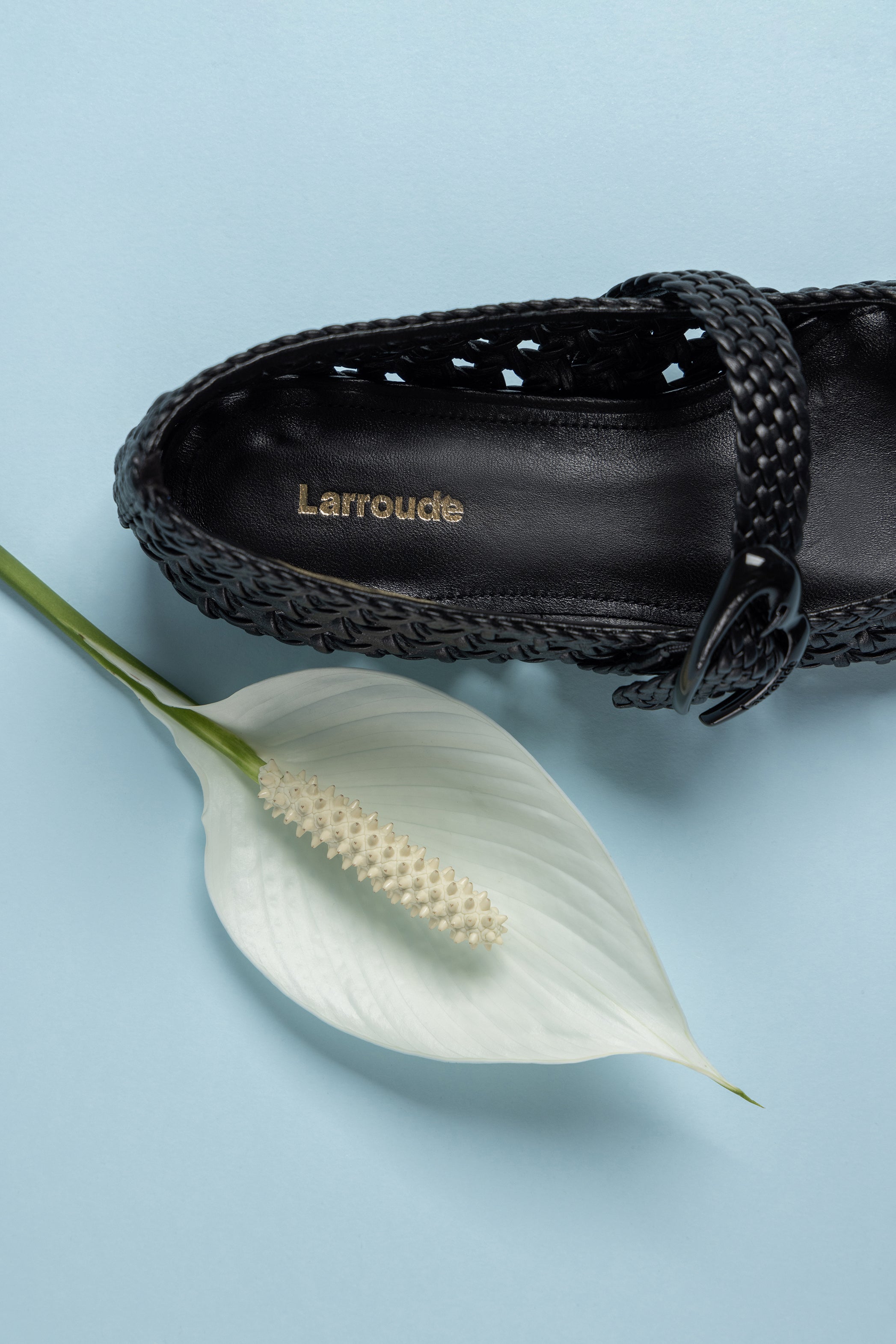 Black Leather Macrame Mary-Jane Ballet Flat