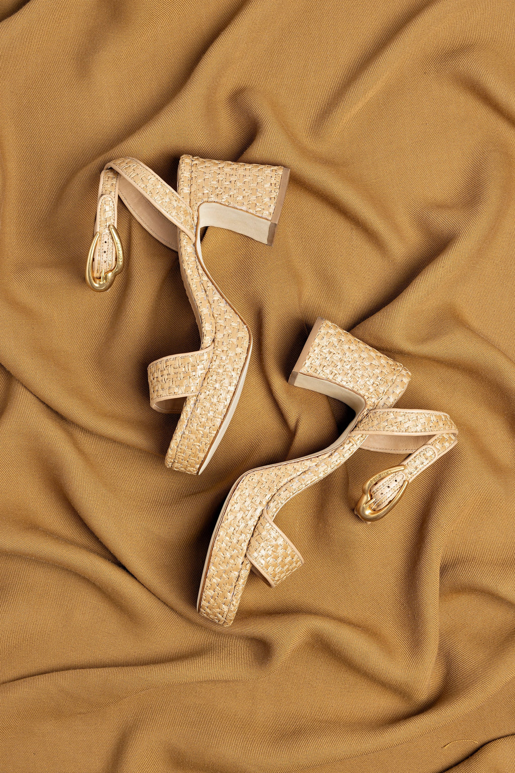 Natural Raffia and Beige Leather Low Block Heel Platform Sandal