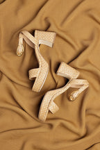 Natural Raffia and Beige Leather Low Block Heel Platform Sandal