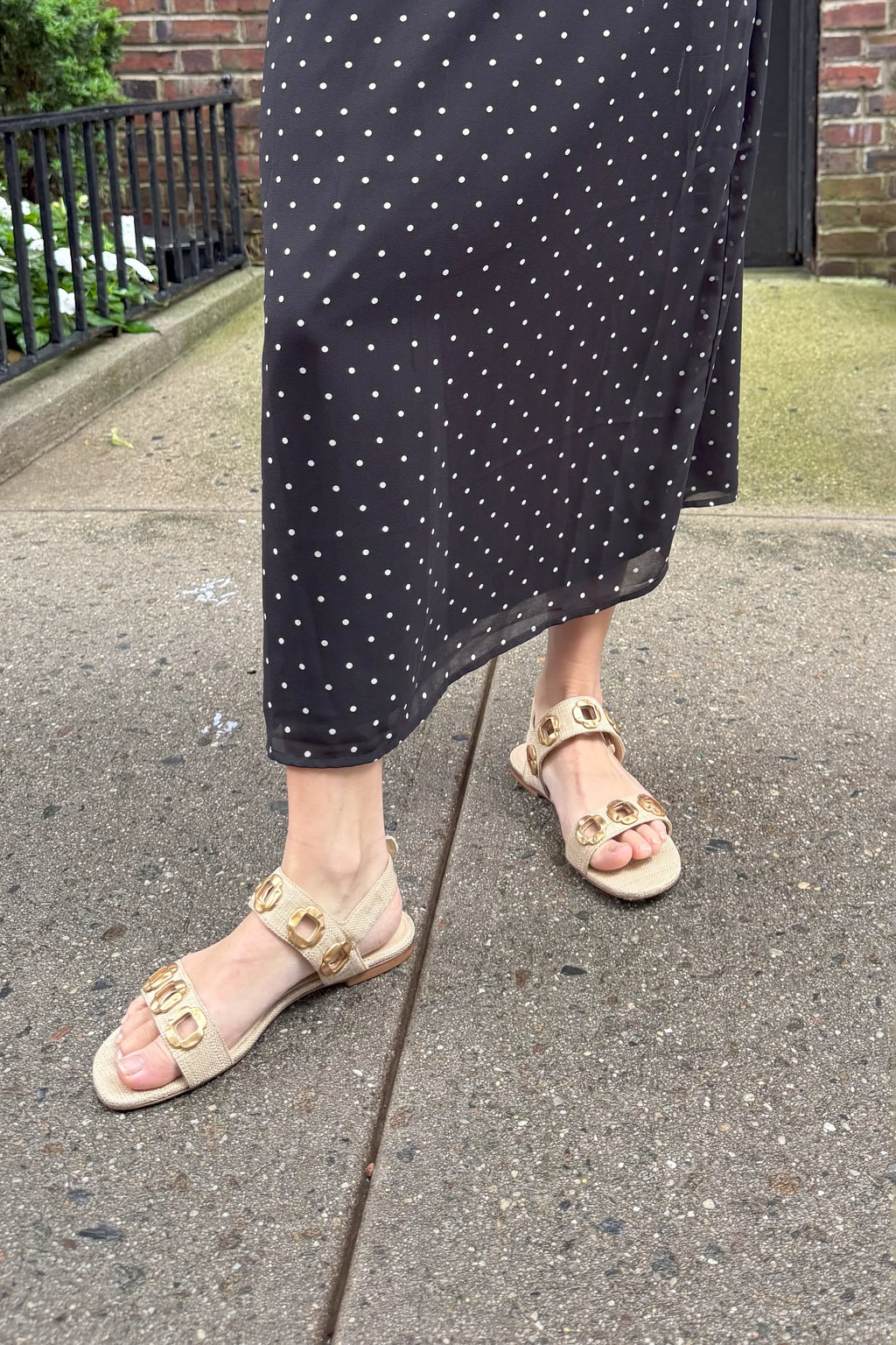 Beige Raffia Flat Sandal with Chain Detail