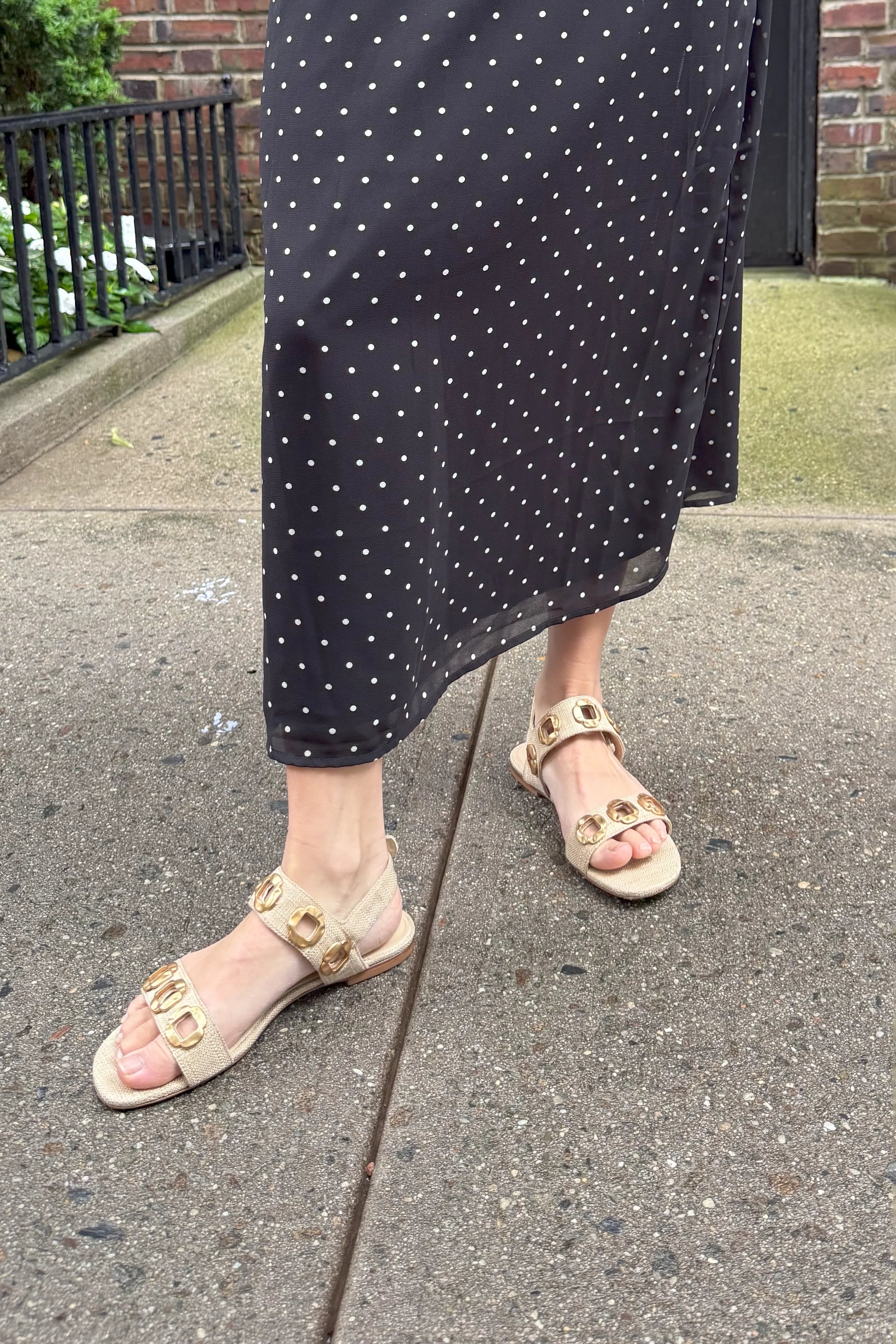 Beige Raffia Flat Sandal with Chain Detail