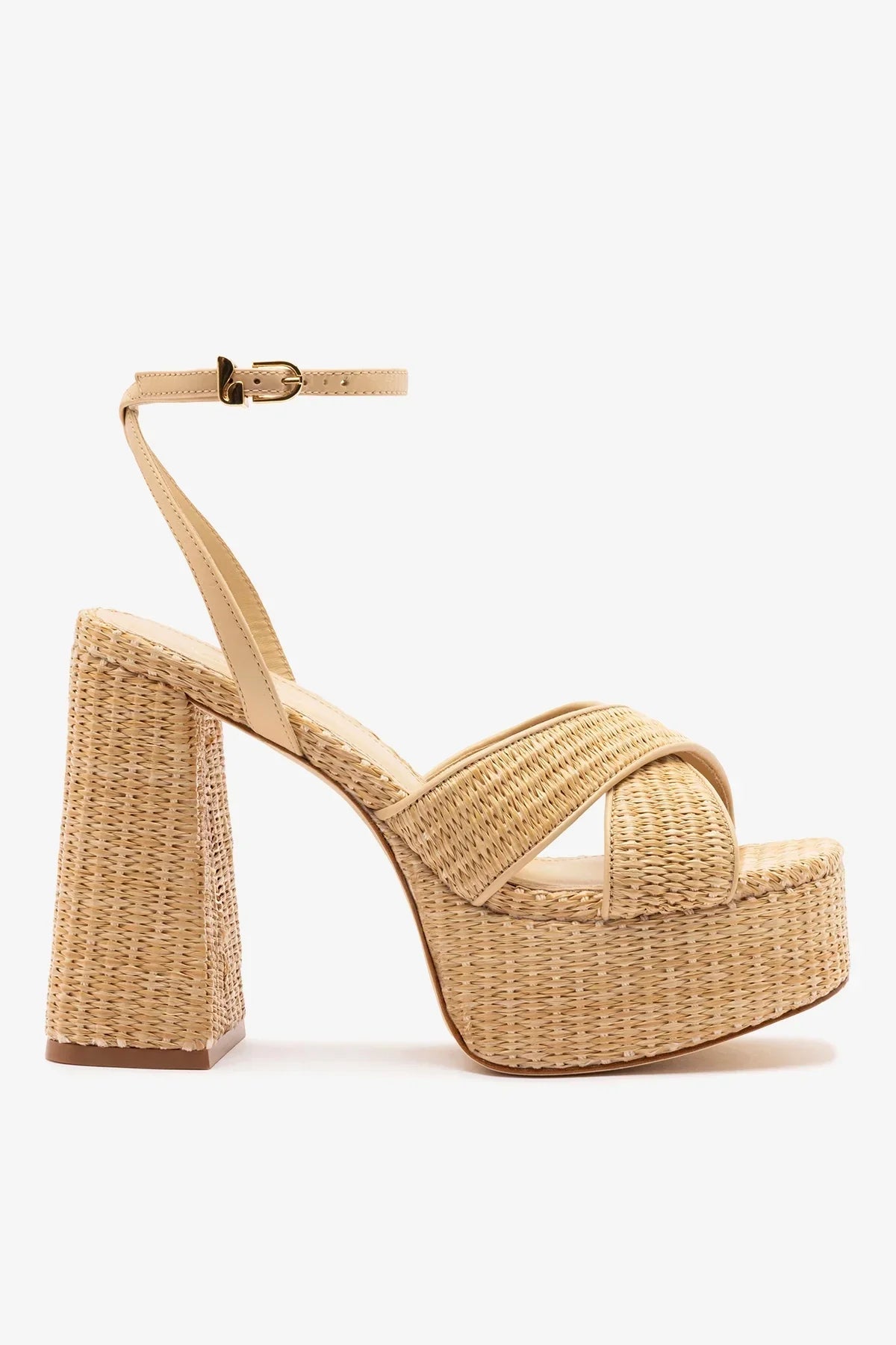 Natural Raffia High Block Heel Platform Sandal