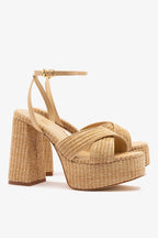 Natural Raffia High Block Heel Platform Sandal