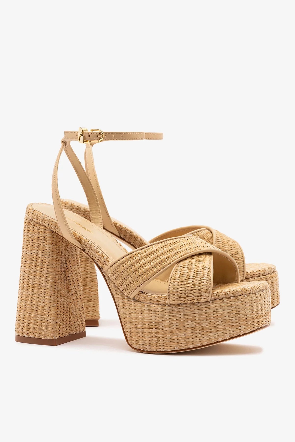 Natural Raffia High Block Heel Platform Sandal
