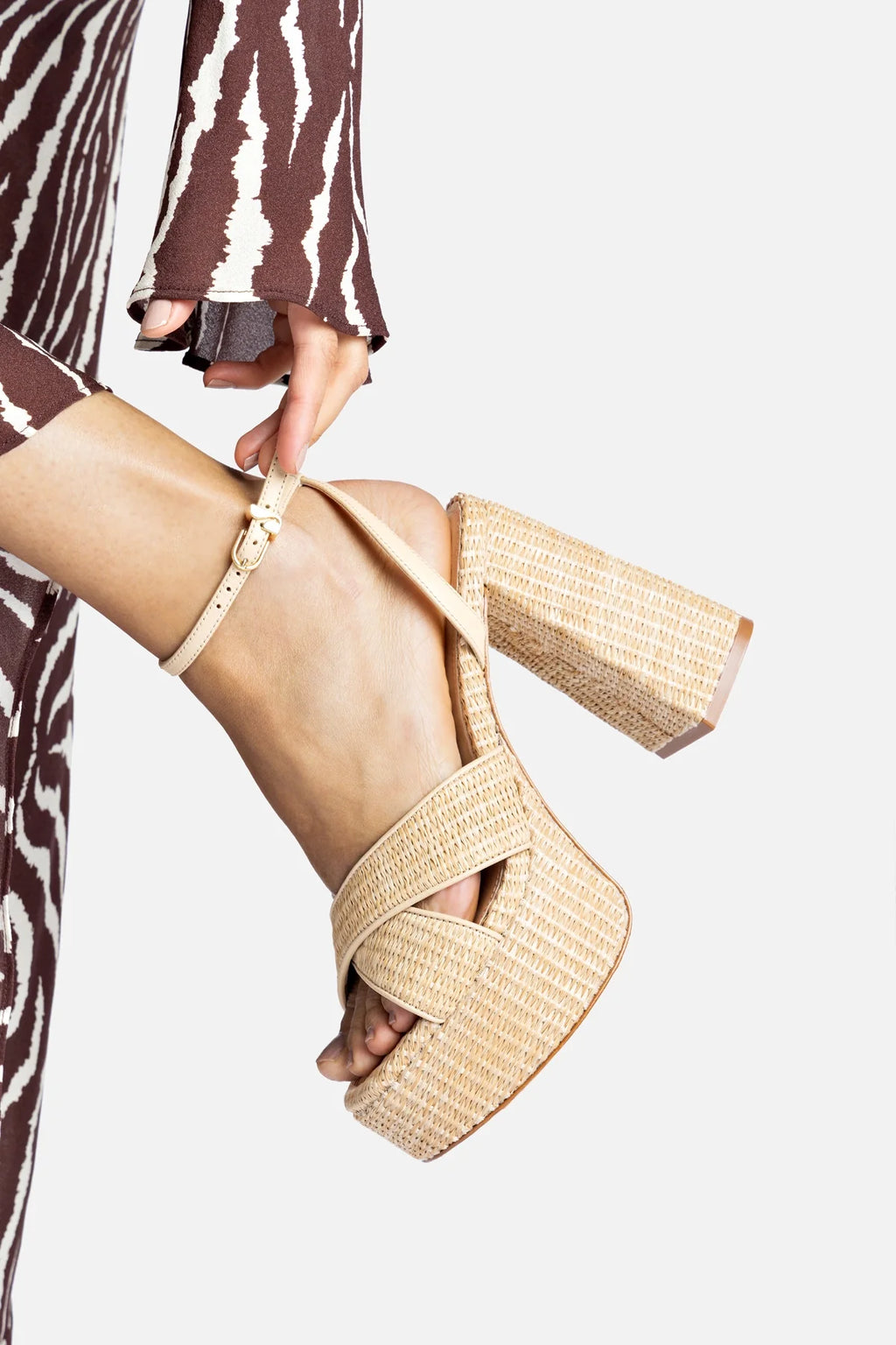 Natural Raffia High Block Heel Platform Sandal