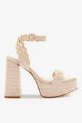 Natural Raffia Broderie High Block Heel Platform Sandal