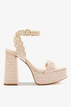 Natural Raffia Broderie High Block Heel Platform Sandal