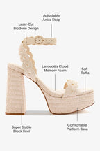 Natural Raffia Broderie High Block Heel Platform Sandal