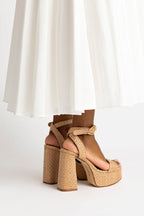 Natural Raffia High Block Heel Platform Sandal with Ankle Strap