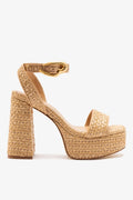 Natural Raffia High Block Heel Platform Sandal with Ankle Strap