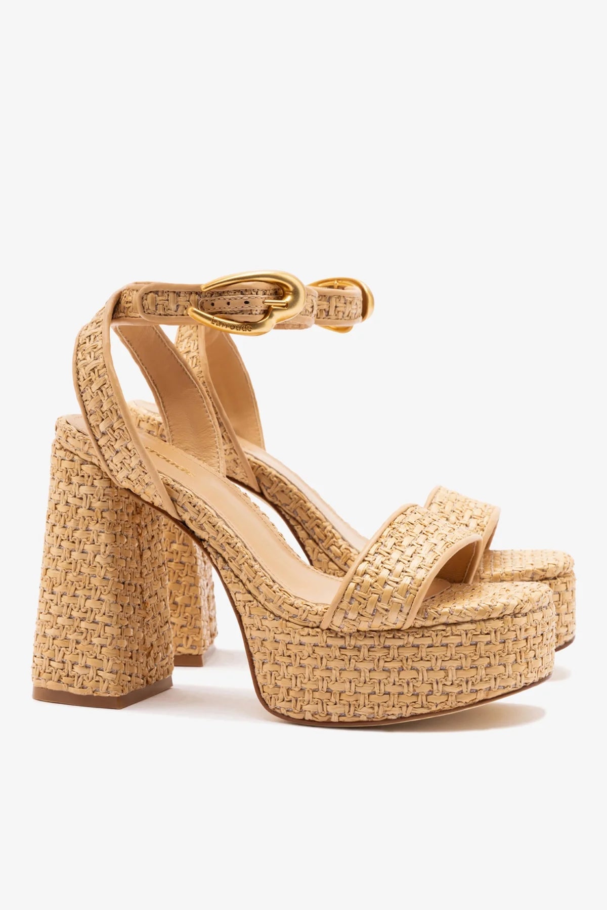 Natural Raffia High Block Heel Platform Sandal with Ankle Strap