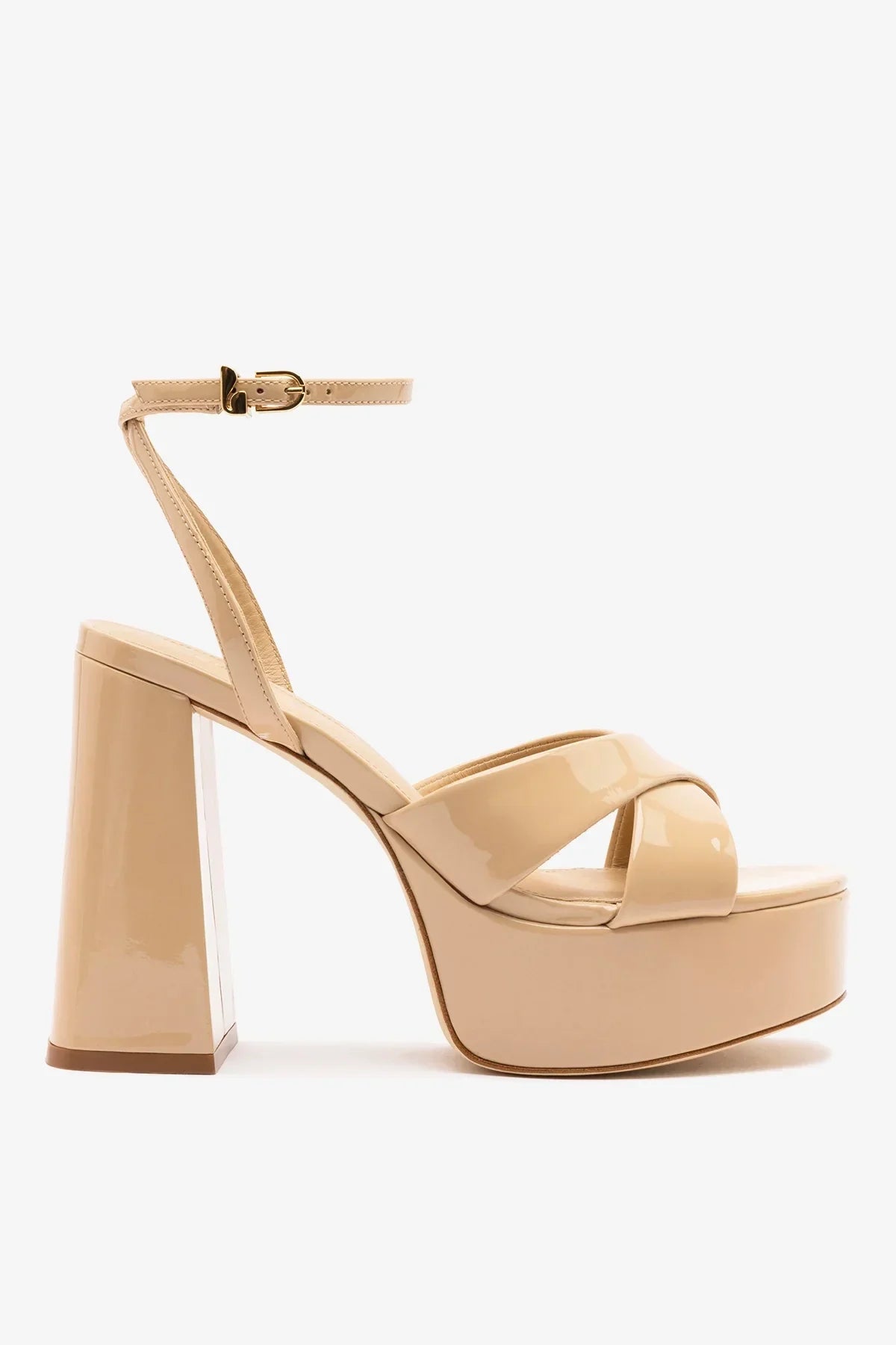 Sand Patent Leather High Block Heel Platform Sandal
