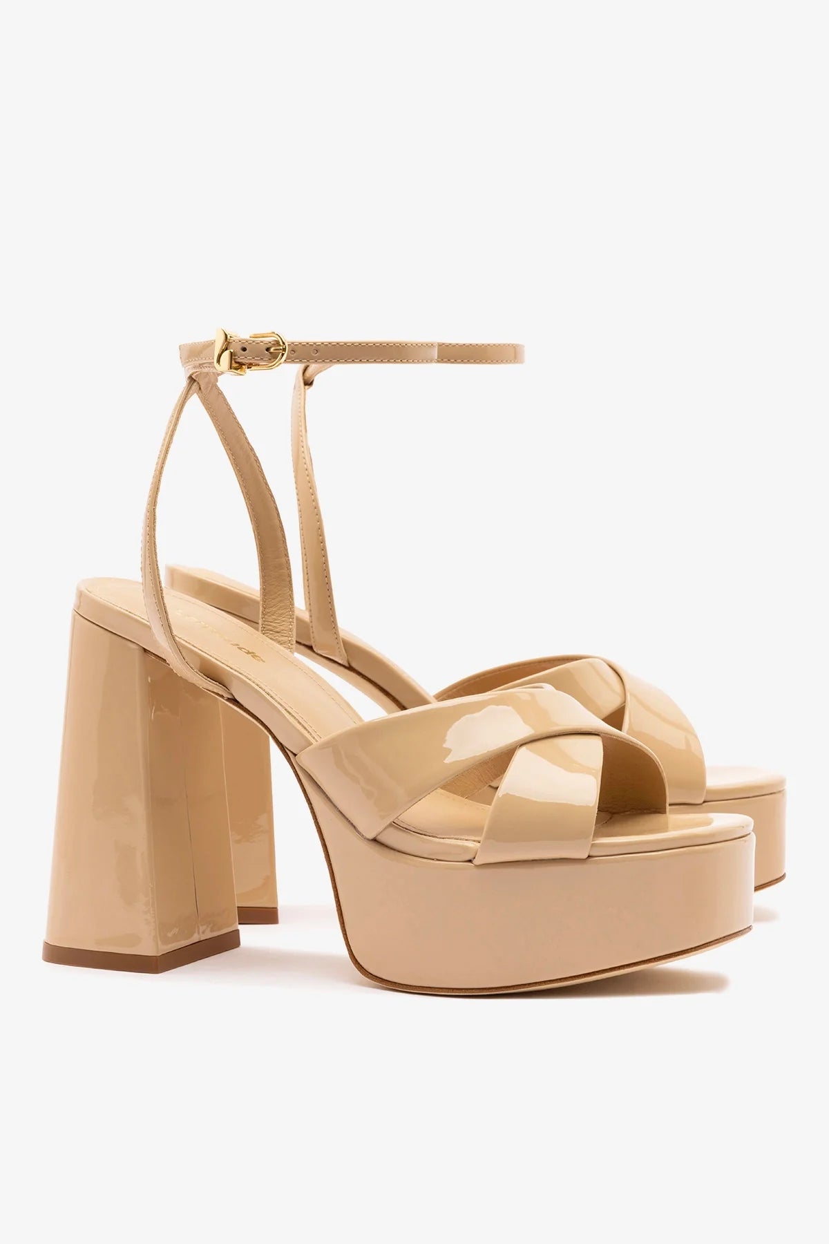Sand Patent Leather High Block Heel Platform Sandal