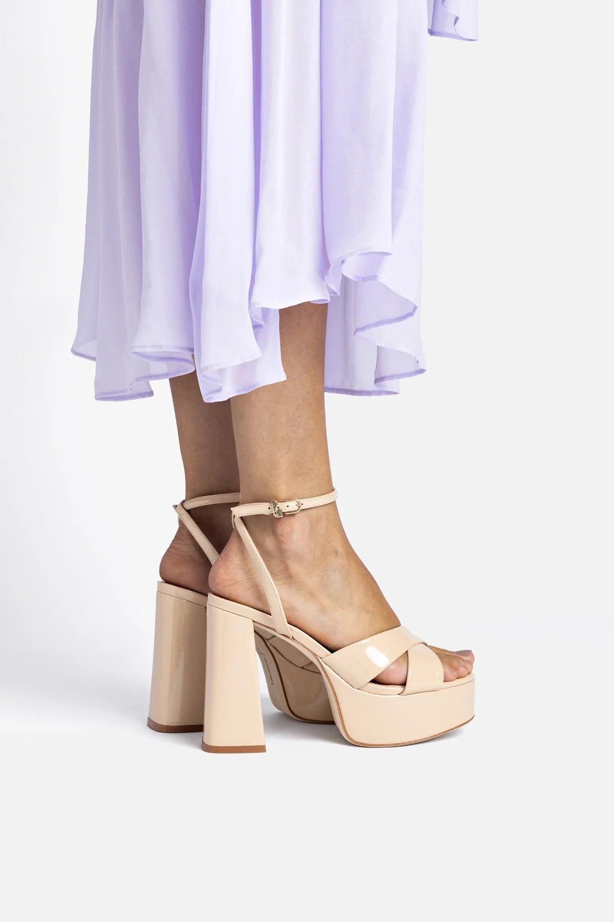 Sand Patent Leather High Block Heel Platform Sandal