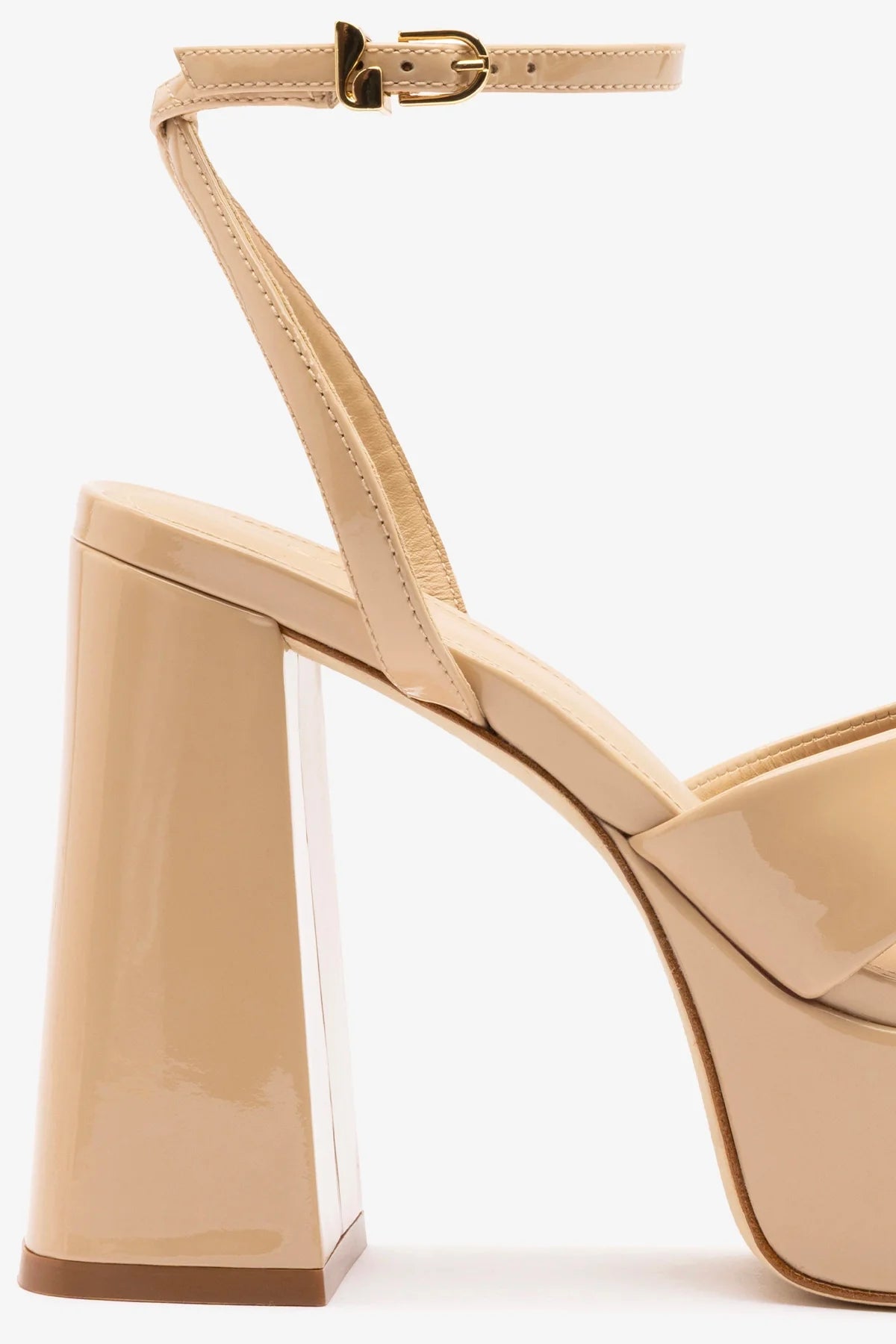 Sand Patent Leather High Block Heel Platform Sandal