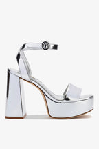 Silver Mirror High Block Heel Platform Sandal