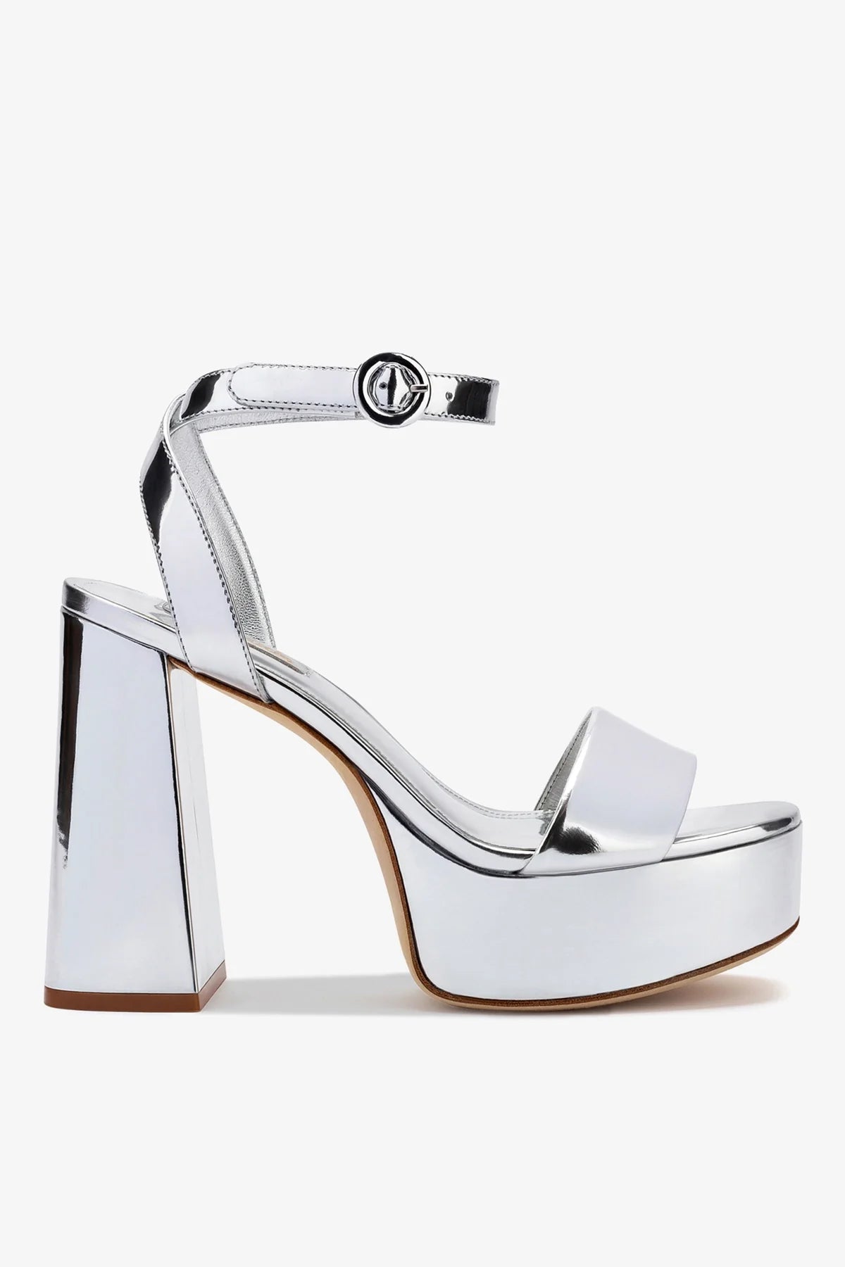 Silver Mirror High Block Heel Platform Sandal