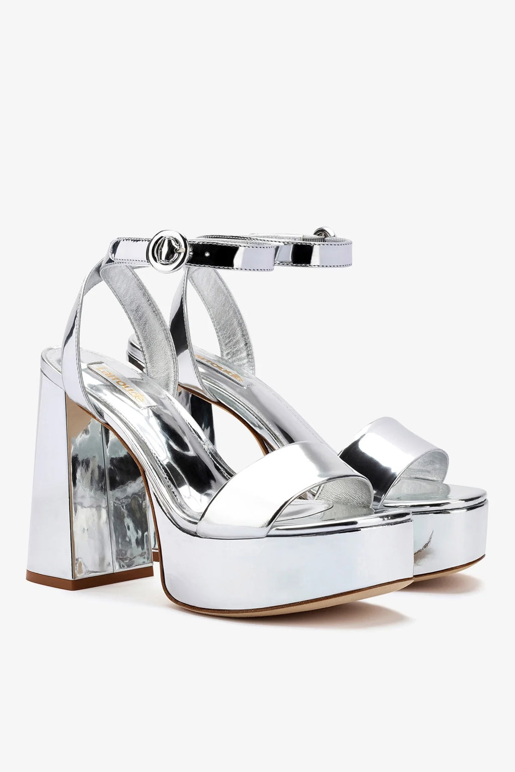 Silver Mirror High Block Heel Platform Sandal