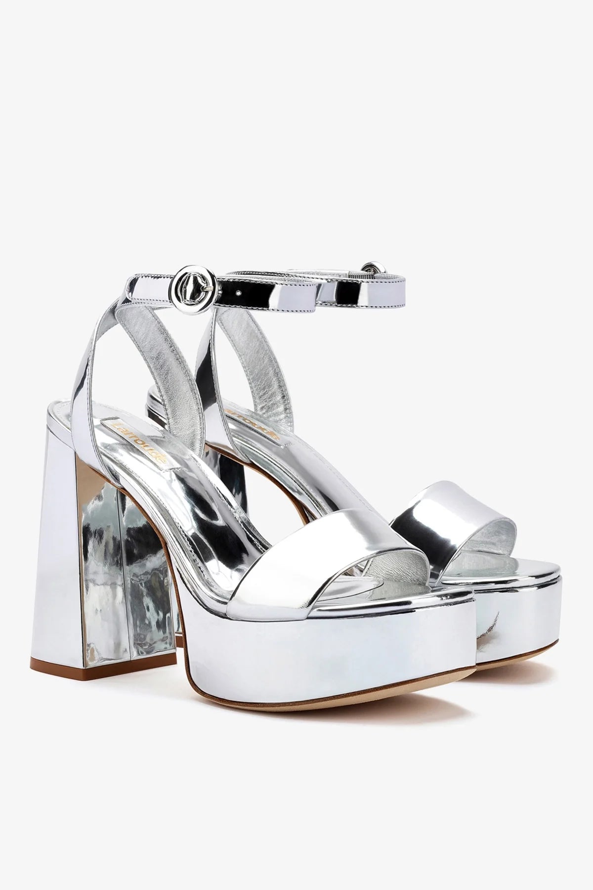 Silver Mirror High Block Heel Platform Sandal