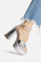 Silver Snake Leather High Block Heel Platform Sandal
