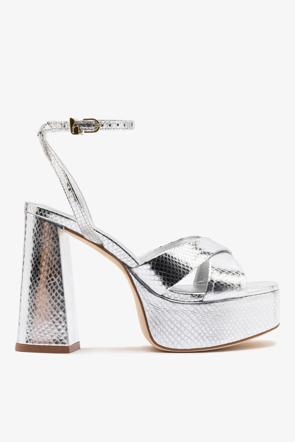 Silver Snake Leather High Block Heel Platform Sandal