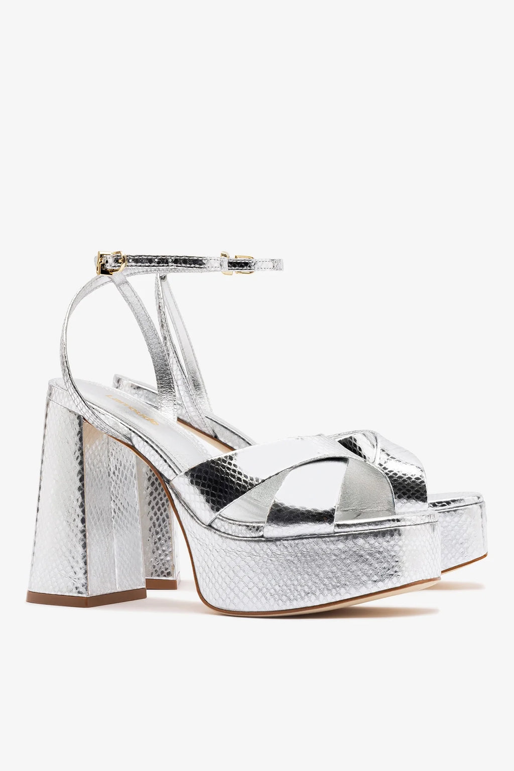 Silver Snake Leather High Block Heel Platform Sandal