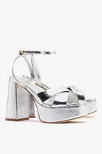 Silver Snake Leather High Block Heel Platform Sandal
