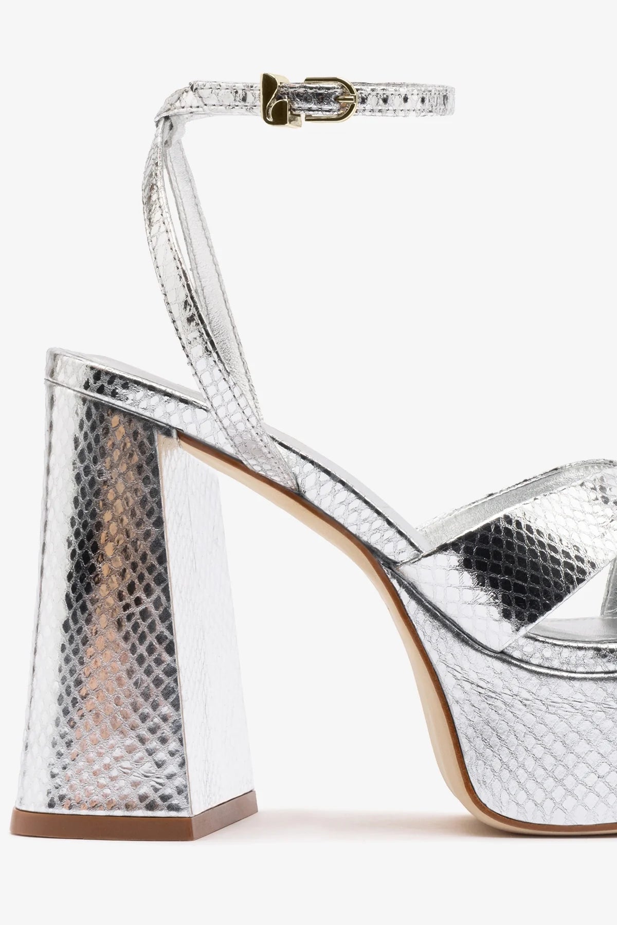 Silver Snake Leather High Block Heel Platform Sandal