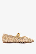 Beige Embroidered Raffia Macrame Mary-Jane Ballet Flat
