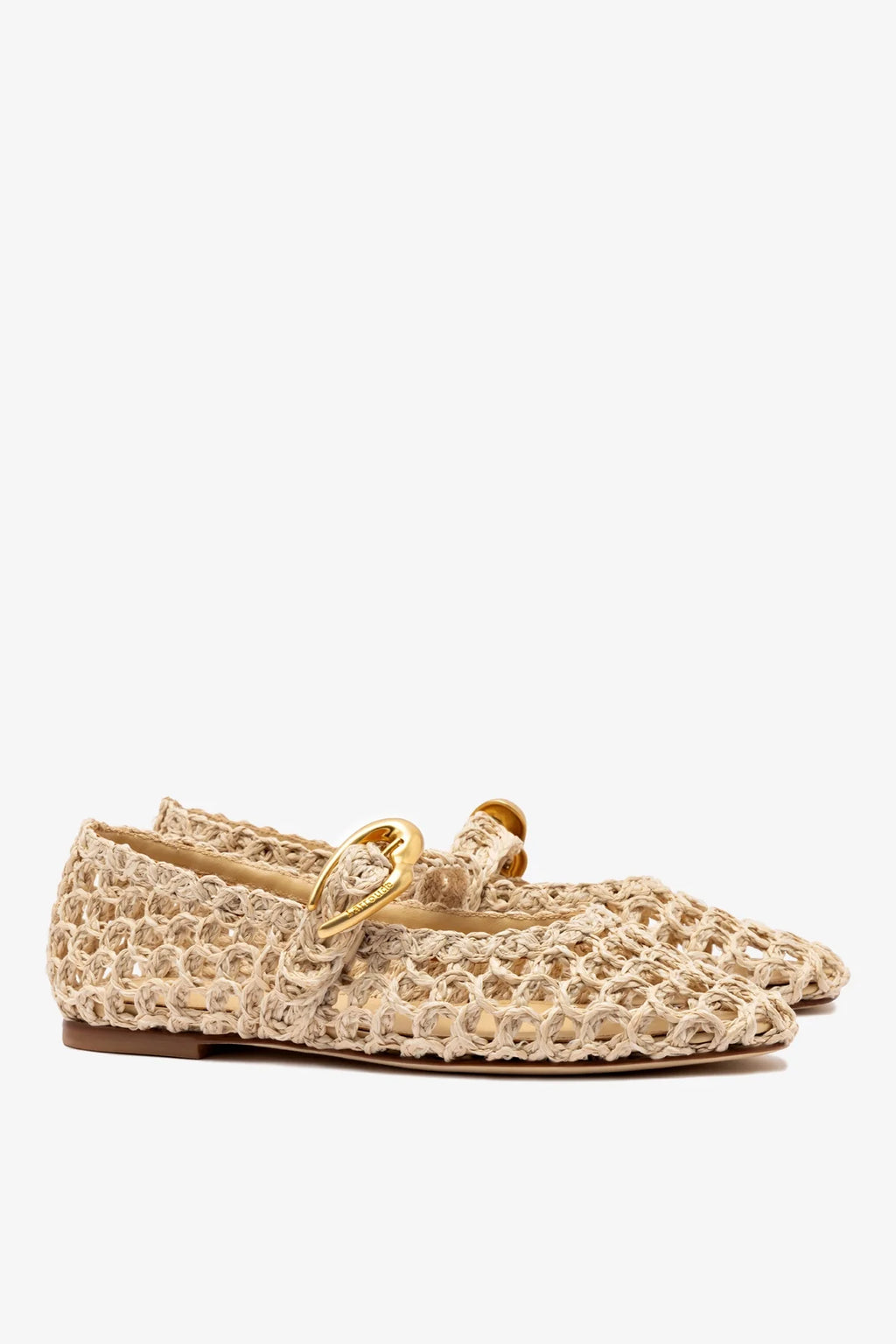 Beige Embroidered Raffia Macrame Mary-Jane Ballet Flat