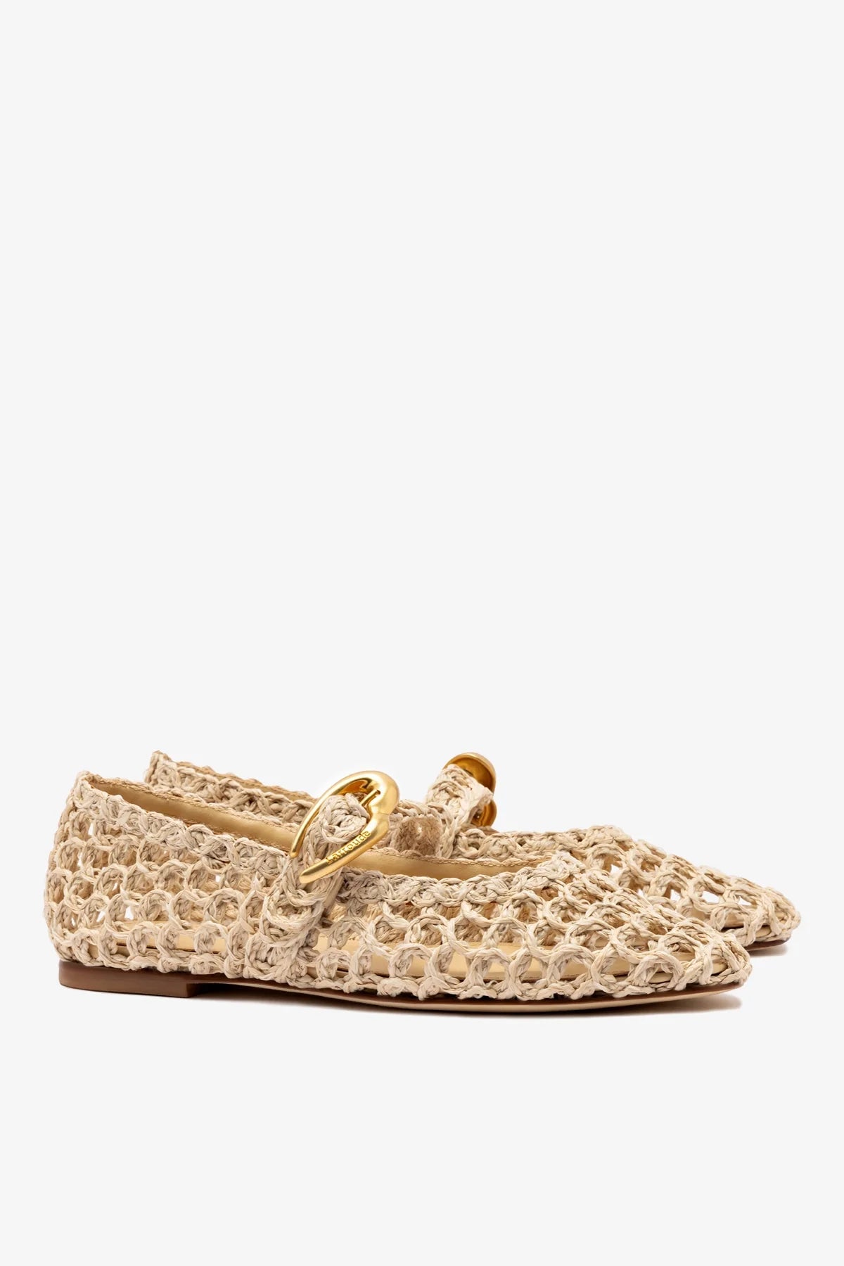 Beige Embroidered Raffia Macrame Mary-Jane Ballet Flat