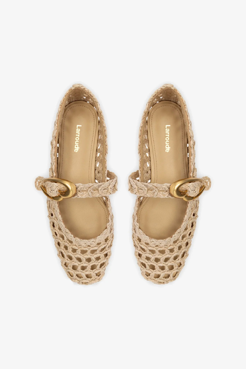 Beige Embroidered Raffia Macrame Mary-Jane Ballet Flat