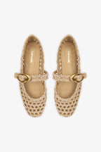 Beige Embroidered Raffia Macrame Mary-Jane Ballet Flat
