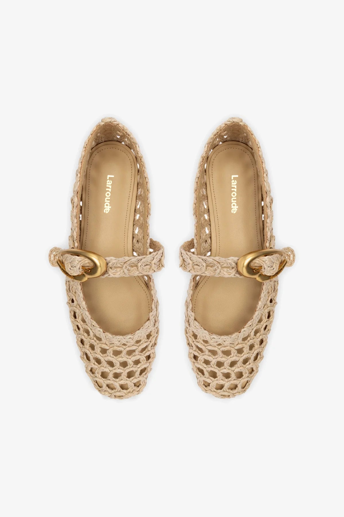 Beige Embroidered Raffia Macrame Mary-Jane Ballet Flat