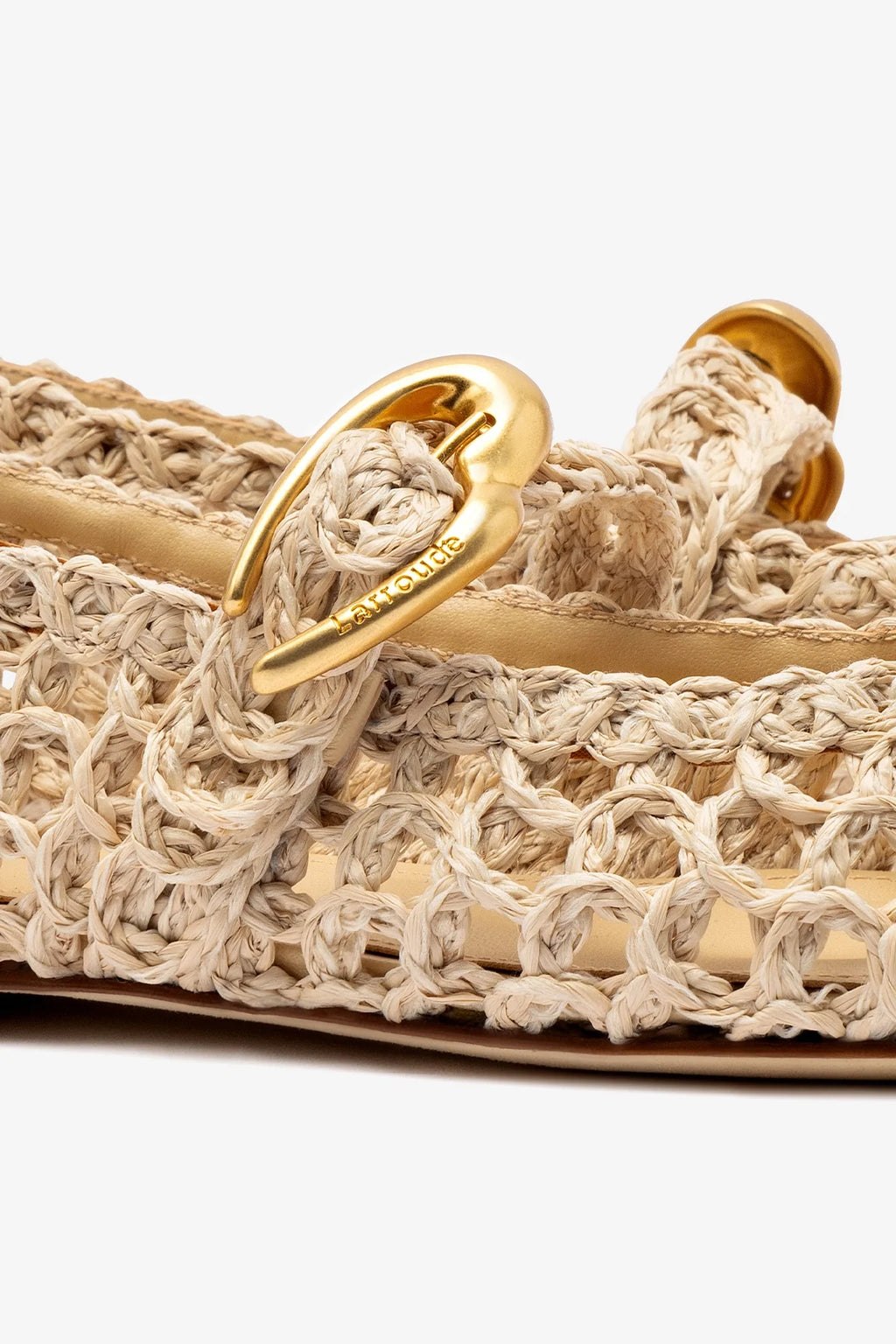 Beige Embroidered Raffia Macrame Mary-Jane Ballet Flat