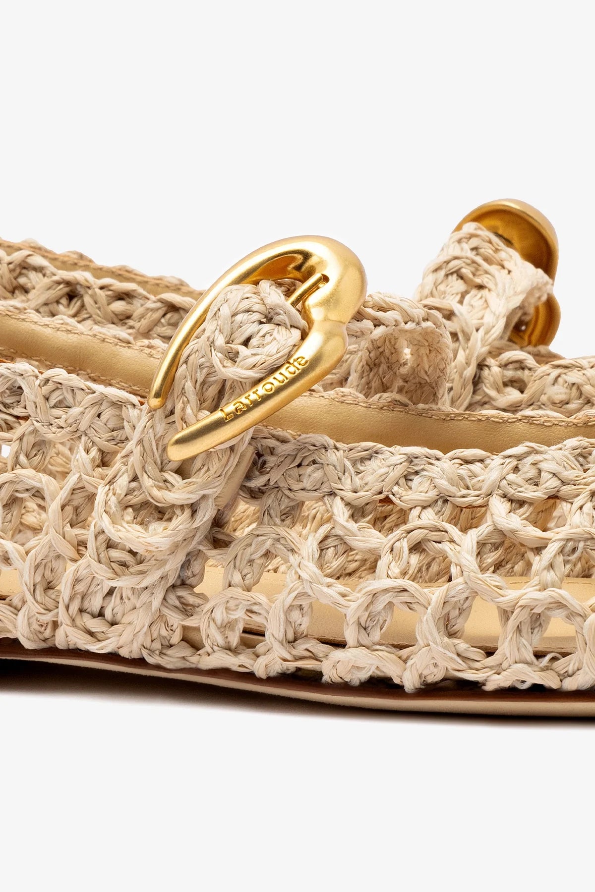 Beige Embroidered Raffia Macrame Mary-Jane Ballet Flat