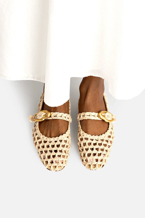 Beige Embroidered Raffia Macrame Mary-Jane Ballet Flat