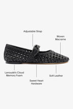 Black Leather Macrame Mary-Jane Ballet Flat