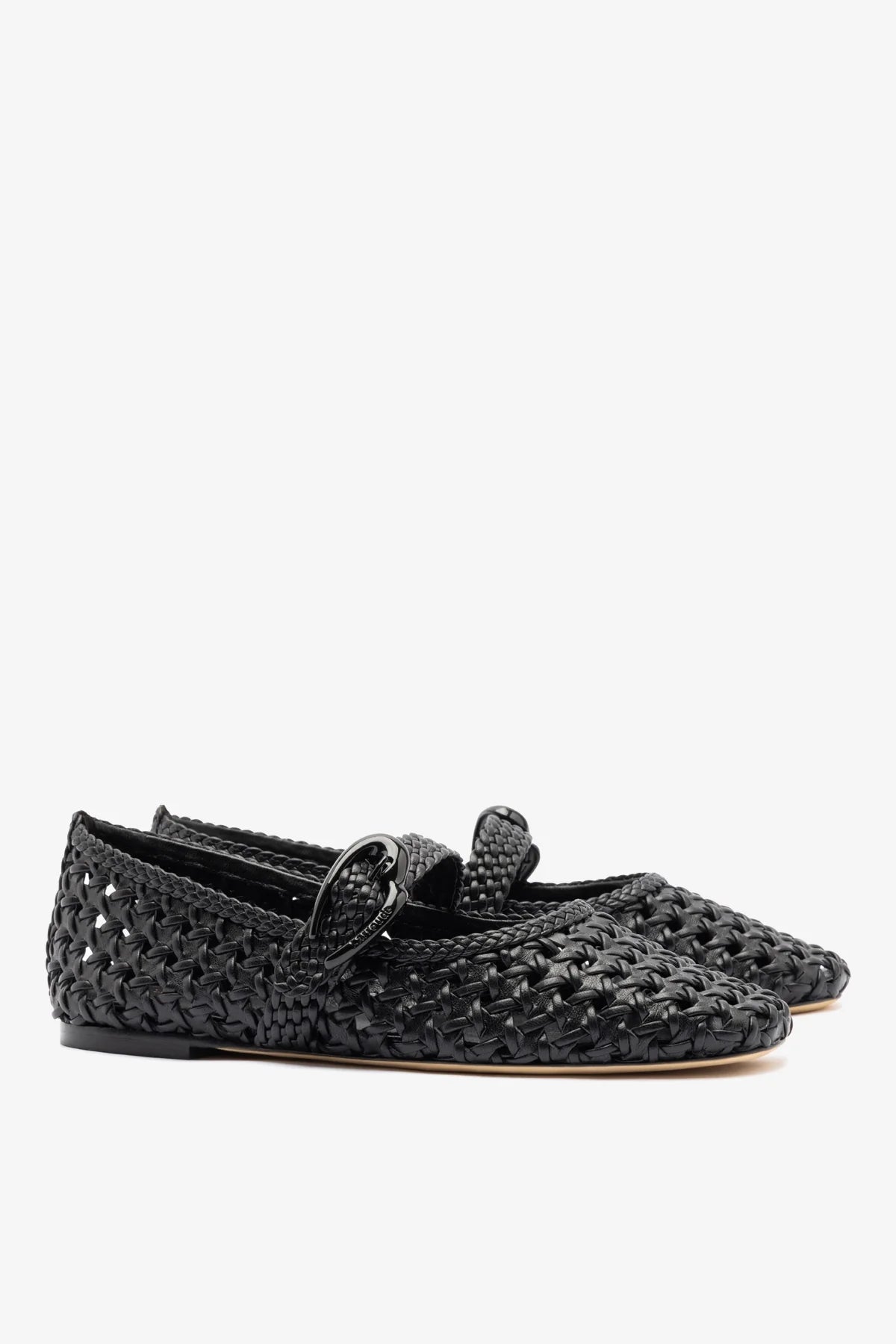 Black Leather Macrame Mary-Jane Ballet Flat
