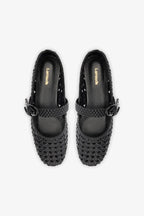 Black Leather Macrame Mary-Jane Ballet Flat