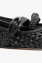 Black Leather Macrame Mary-Jane Ballet Flat