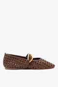 Burnt Umber Leather Macrame Mary-Jane Ballet Flat