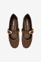 Burnt Umber Leather Macrame Mary-Jane Ballet Flat