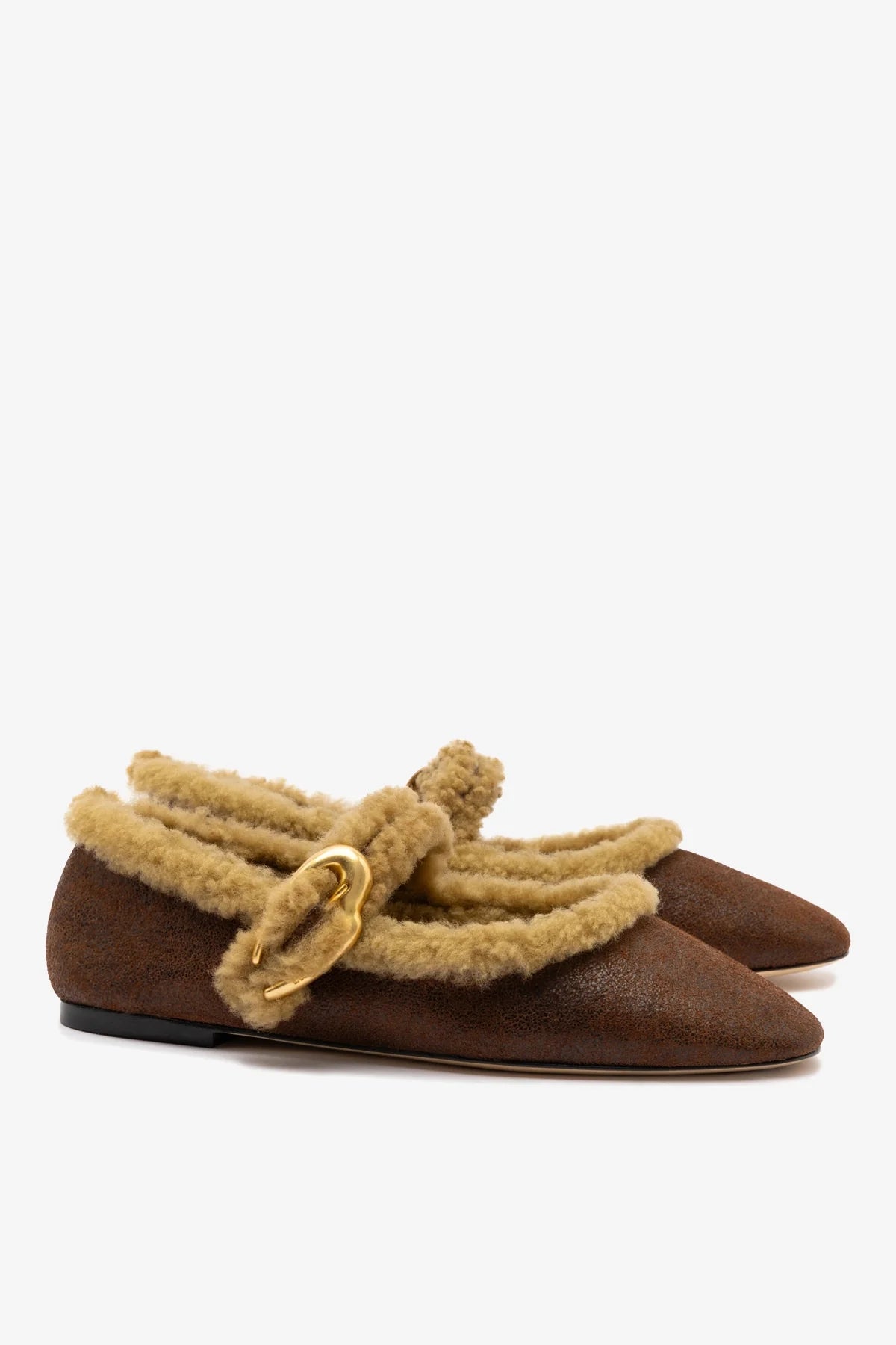 Cocoa Leather and Natural Shearling Mary-Jane Ballet Flat