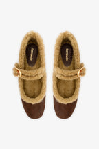 Cocoa Leather and Natural Shearling Mary-Jane Ballet Flat