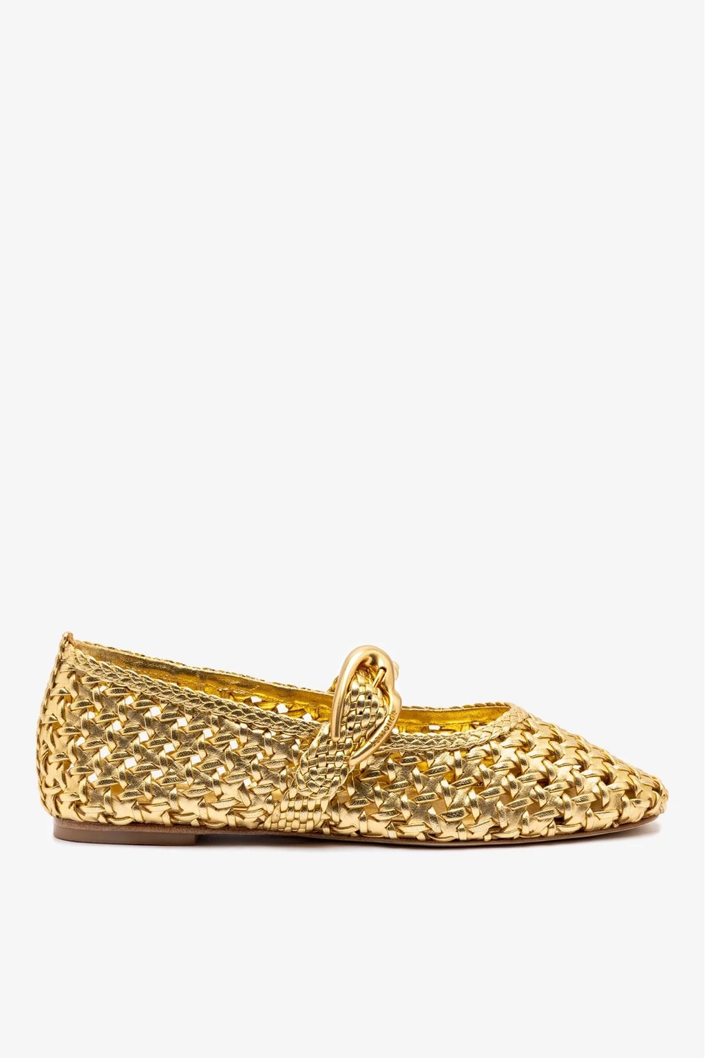 Gold Metallic Leather Macrame Mary-Jane Ballet Flat