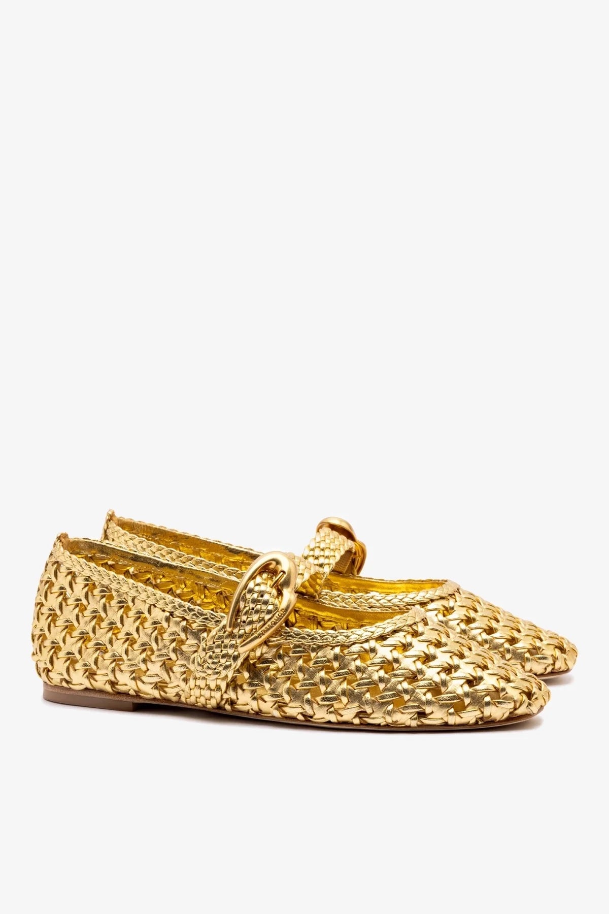 Gold Metallic Leather Macrame Mary-Jane Ballet Flat