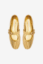 Gold Metallic Leather Macrame Mary-Jane Ballet Flat